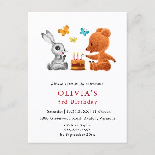 Happy 3rd Birthday Teddy Bear Bunny Cake Invitation Postcard