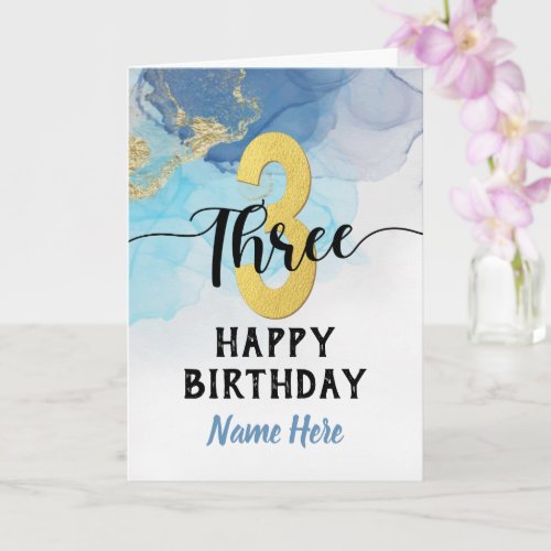 Happy 3rd Birthday Watercolor Blue  gold Boy Card