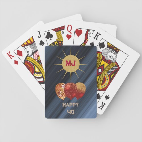Happy 40 Gold Glitter Red Balloons Birthday Playing Cards