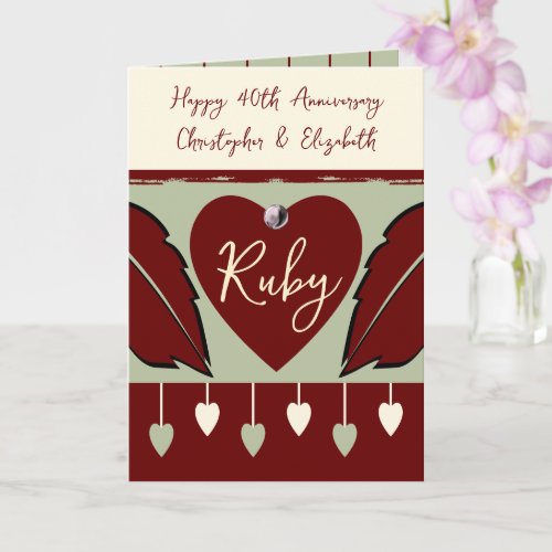 Happy 40th Anniversary add names burgundy green Card