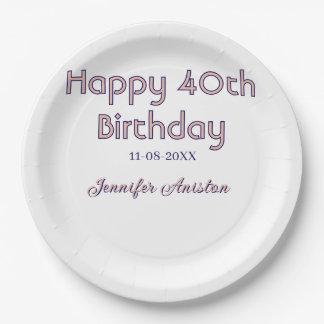 Happy 40th birthday add name date pink purple tren paper plates