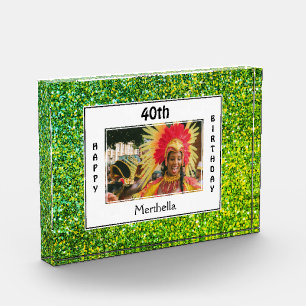 Happy 40th Birthday ANY AGE GREEN Glitter Photo Block