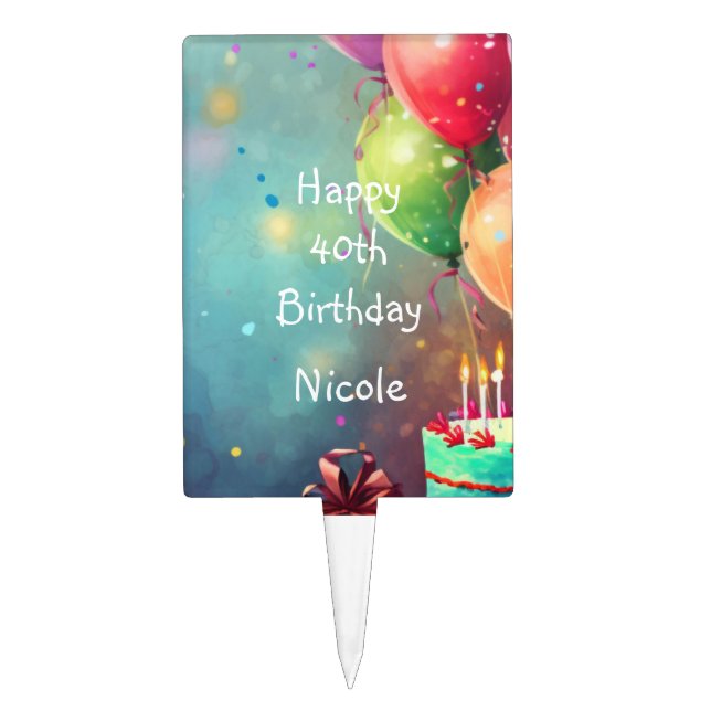 Happy 40th Birthday Balloons Fun Custom Name Cake Topper (Front)