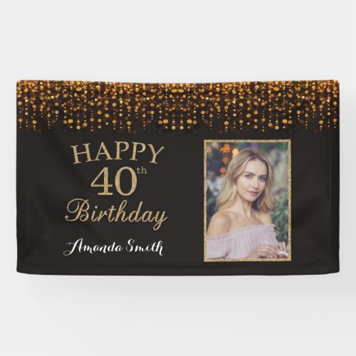 Happy 40th Birthday Banner Gold Glitter Photo Banner