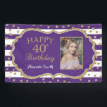 Happy 40th Birthday Banner Purple Gold Photo<br><div class="desc">Happy 40th Birthday Banner for women or man. Purple and Gold Birthday Party Banner. Gold Glitter Confetti. Black and White Stripes. Printable Digital. For further customization,  please click the "Customize it" button and use our design tool to modify this template.</div>