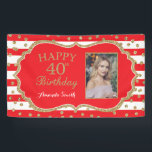 Happy 40th Birthday Banner Red Gold Glitter Photo<br><div class="desc">Happy 40th Birthday Banner for women or man. Red and Gold Glitter Birthday Party Banner. Gold Glitter Confetti. Black and White Stripes. Printable Digital. For further customization,  please click the "Customize it" button and use our design tool to modify this template.</div>