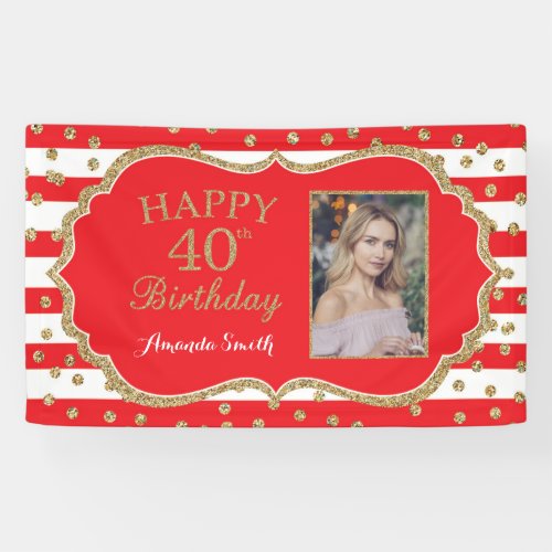 Happy 40th Birthday Banner Red Gold Glitter Photo