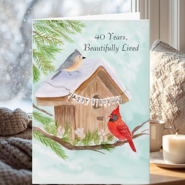  Happy 40th Birthday Birds at Birdhouse Card (Creator Uploaded)
