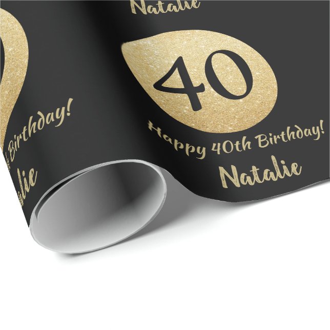 Happy 40th Birthday Black and Gold Glitter Wrapping Paper (Roll Corner)