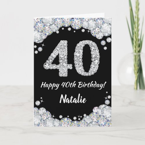 Happy 40th Birthday Black and Silver Glitter Card