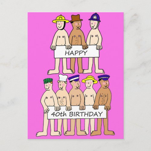 Happy 40th Birthday Cartoon Men with Banners Postcard