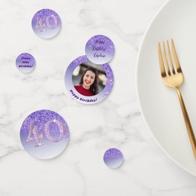 Happy 40th Birthday Chic Falling Purple Glitter Confetti (Group)