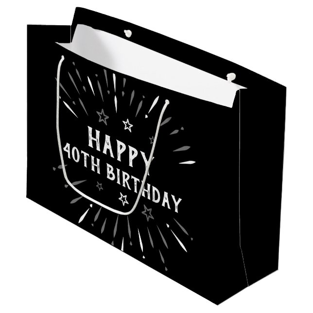 Happy 40th Birthday Fireworks Black White Gray Large Gift Bag (Front Angled)