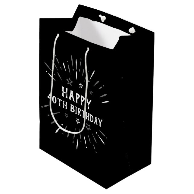 Happy 40th Birthday Fireworks Black White Gray Medium Gift Bag (Front Angled)