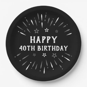 Happy 40th Birthday Fireworks Black White Gray Paper Plates
