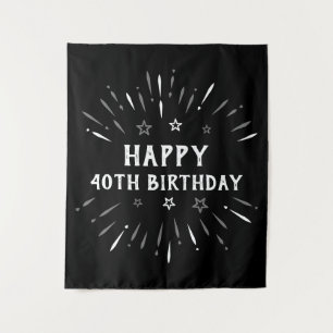 Happy 40th Birthday Fireworks Black White Gray Tapestry