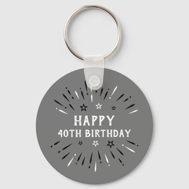 Happy 40th Birthday Fireworks Gray Black White Keychain (Front)
