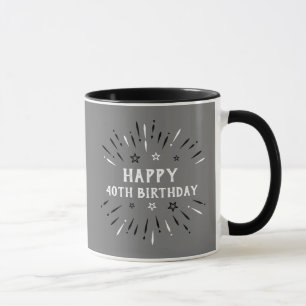 Happy 40th Birthday Fireworks Gray Black White Mug