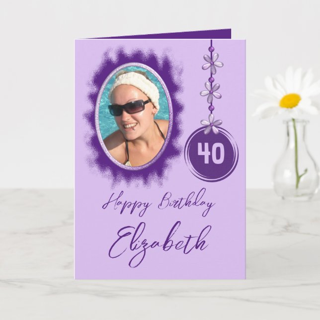 Happy 40th birthday flowers purple photo card (Small Plant)