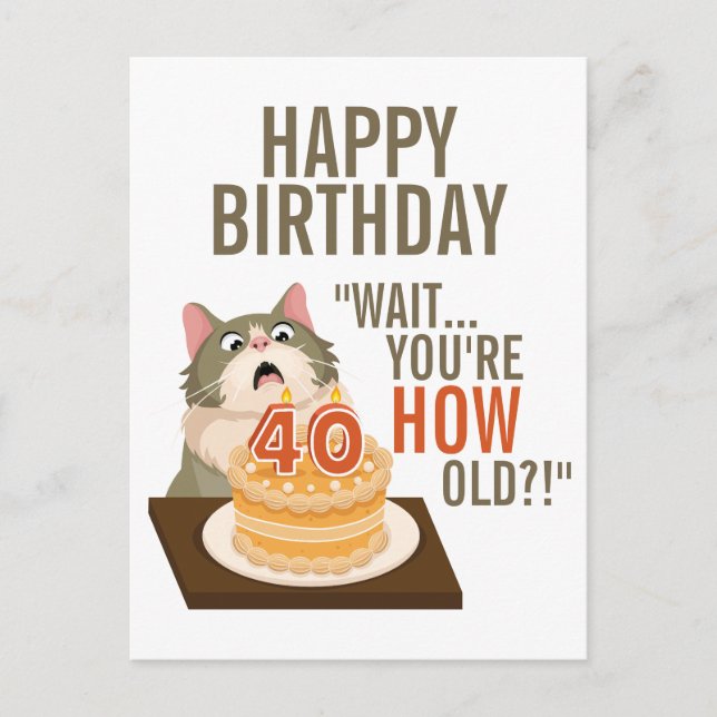 Happy 40th Birthday Funny Cat Humor Retro Joke Postcard (Front)