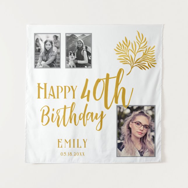 Happy 40th Birthday Gold Foliage 3 Photo Backdrop (Front)