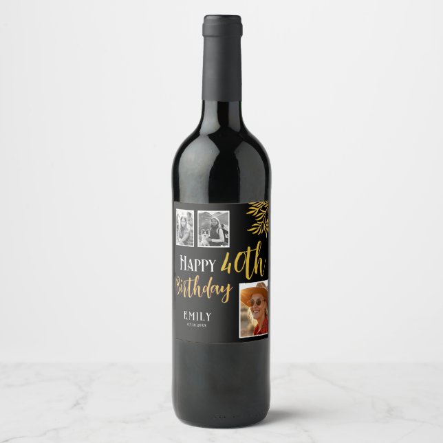 Happy 40th Birthday Gold Foliage 3 Photo  Wine Label (Front)