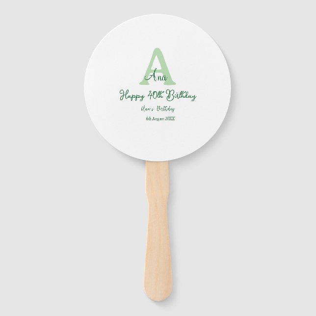 Happy 40th birthday green add name monogram modern hand fan (Front)