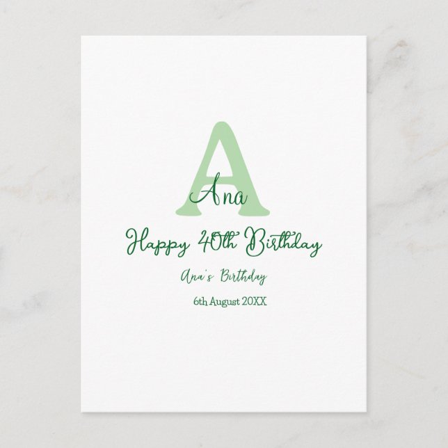Happy 40th birthday green add name monogram modern postcard (Front)
