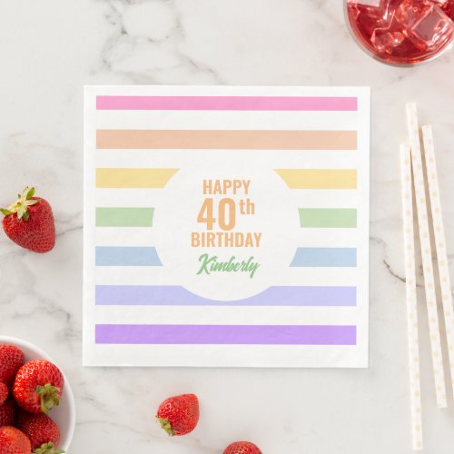 Happy 40th Birthday in Rainbow Stripes Paper Dinner Napkins