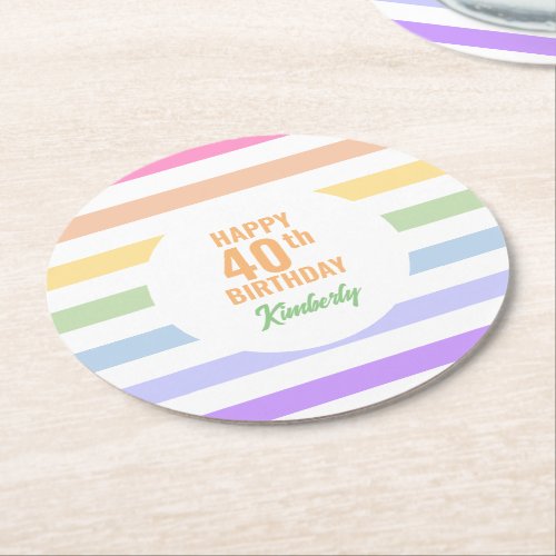 Happy 40th Birthday in Rainbow Stripes Round Paper Coaster