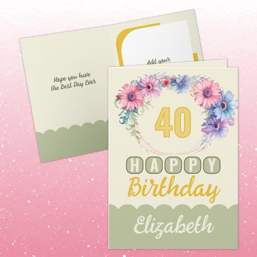 Happy 40th Birthday name floral yellow