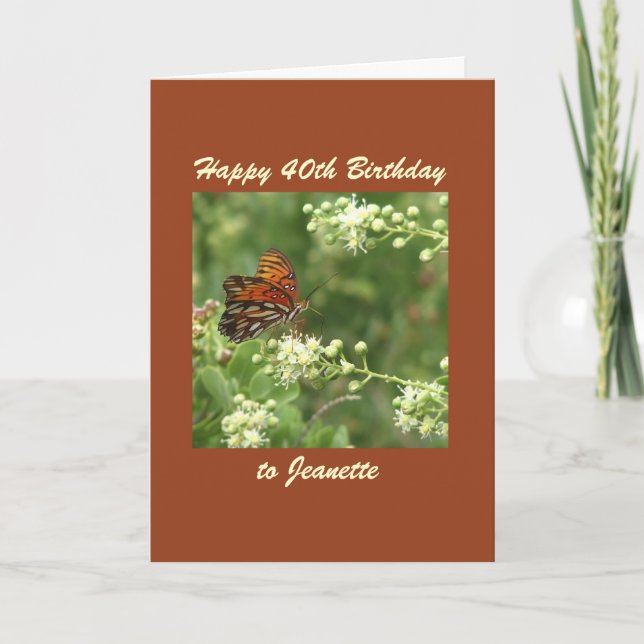 Happy 40th Birthday, name,  Orange Butterfly  Card (Front)