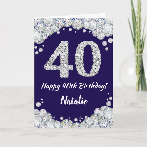 Happy 40th Birthday Navy Blue and Silver Glitter