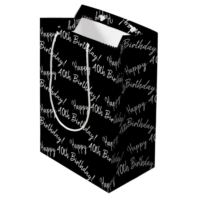 Happy 40th Birthday on black Medium Gift Bag (Back Angled)