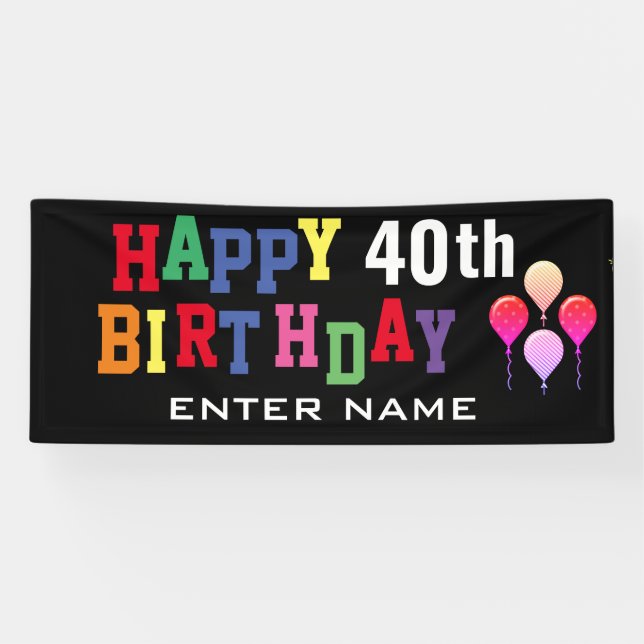 Happy 40th Birthday Party Balloons Black Classic Banner (Horizontal)