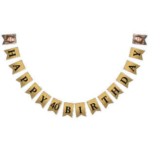 Happy 40th Birthday Photo Gold Glitter Bunting Flags