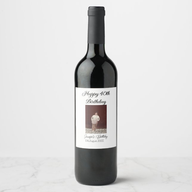 Happy 40th birthday photo modern simple minimal  wine label (Front)