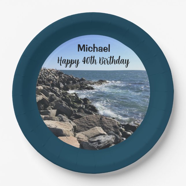 Happy 40th Birthday Photo of Ocean Deep Blue Paper Plates (Front)