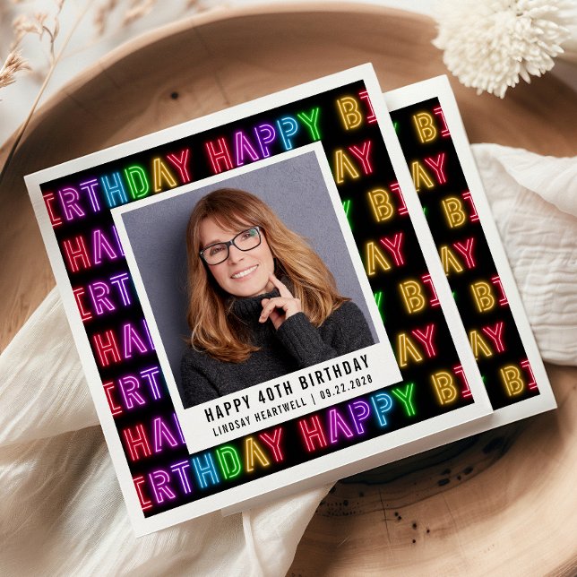 Happy 40th Birthday Photo Rainbow Neon Napkins (Creator Uploaded)