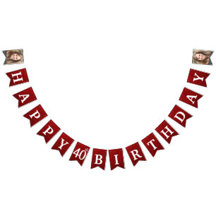 Happy 40th Birthday Photo Red Glitter Bunting Flags