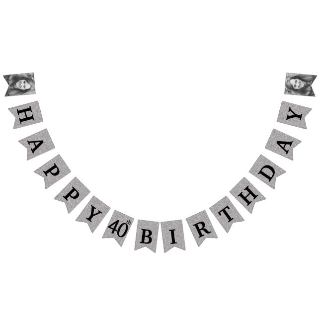 Happy 40th Birthday Photo Silver Glitter Bunting Flags (All)