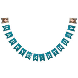 Happy 40th Birthday Photo Teal Glitter Bunting Flags