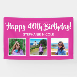 Happy 40th Birthday Pink Personalized 3 Photos Banner