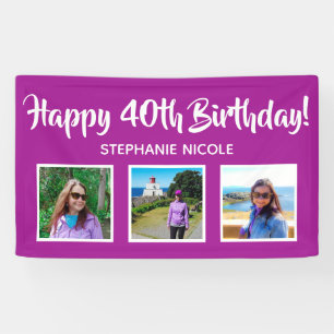 Happy 40th Birthday Pink Personalized 3 Photos Banner