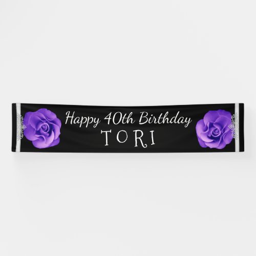 Happy 40th Birthday Purple Roses Custom Name 3 Banner