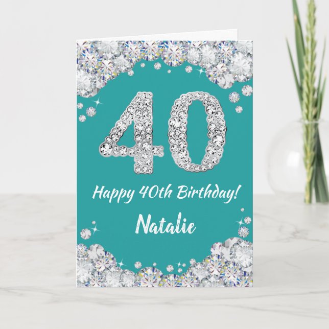 Happy 40th Birthday Teal and Silver Glitter Card (Front)