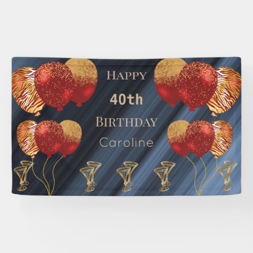 Happy 40th Birthday with Glitter Gold Red Balloons Banner