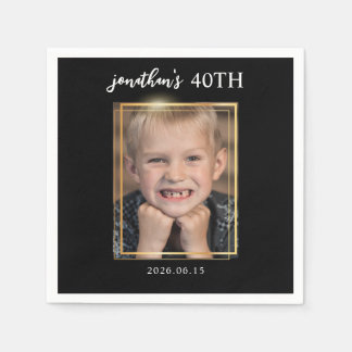 Happy 40th Black and Gold Birthday Party Custom Napkins