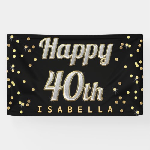Happy 40th Bling Typography Gold Confetti Black Banner
