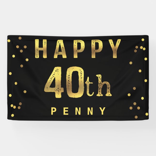 Happy 40th Faux Gold Foil Confetti Black Banner (Horizontal)